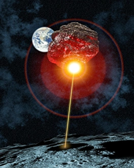 Stampe di L'asteroide deflessione. L'opera d'arte del computer di un laser (sull'altra faccia della Luna) utilizzato per deviare l'impatto dell'università con la Terra Immagini datate 2004 agosto: Deflessione dell'asteroide