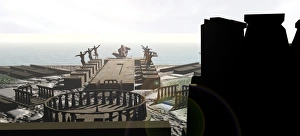 Stampe di Atlanti. L'artista rappresenta la città mitologica di Atlantide secondo le idee del filosofo greco Platone nel 360BC che suggeriva l'esistenza dell'isola al varco dei Coloni Ercole nella strada di Immagini datate 2004 gennaio: Atlantis