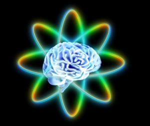 Stampe di Cervello atomico. Artefatto concettuale di un computer con una testa circondata dagli orbitali atomici. Questo potrebbe rappresentare l'intelligenza artificiale o la computazione quantistica Immagini datate 2003 febbraio: Cervello atomico