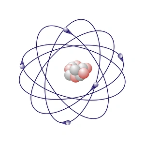 Stampe di Il borono ha sei neutroni bianchi e cinque protoni rosa nel suo nucleo centrale. L'atomo contiene anche cinque elettroni blu che ruotano intorno al nucleo Immagini datate 2010 novembre: Modello atomico di Borone