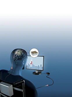 Stampe di Interfaccia cerebra-lattezza. Artwork mostrando un uomo paralizzato che utilizza i suoi pensieri per giocare ad una partita di computer Immagini datate 2007 settembre: Interfaccia cerebro- computer, arte