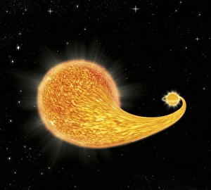 Stampe di Stelle binarie catastrofiche. L'arte computerizzata di una stella rossa (grande) che orbita attorno ad un bianco giallo debole (piccolo) Immagini datate 2011 maggio: Stelle binarie catastrofiche, arte
