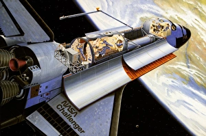 Stampe di Spaceshuttle Challenger. Artwork di Spacelab (D-1) nel spazESHUTTLE Challenger, volo STS -61A, lanciato il 30 ottobre 1985. Questa missione fu l'ultima del Challengers con successo Immagini datate 2004 marzo: Spaziale Challenger spazzola