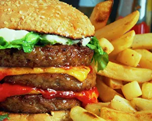 Stampe di Il hamburger di formaggio e le patatine fritte sono cibi processati come quelli trovati nel hamburger di formaggio solitamente hanno una bassa quantità di fibre ed un alto contenuto grasso Immagini datate 2003: Hamburger di formaggio e patatine fritte