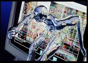 Abstract Technology Image Stampe: Computer art of humanoid breaking out of computer