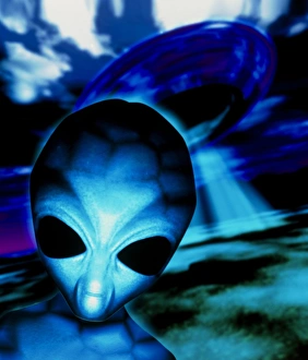 Spacecraft Concept Art Stampe: Computer artwork of an alien and a UFO