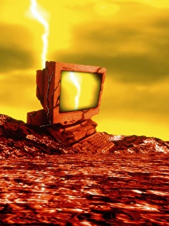 Abstract Computer Art Stampe: Computer artwork of broken computer in wasteland