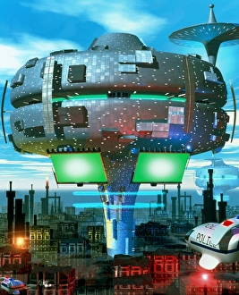 Stampe di Città futura. Illustrazione computerizzata di veicoli della polizia che volano sopra una città futuristica Immagini datate 1999: Arte informatica di una città del futuro