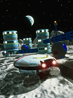 Stampe di La base lunare. L'arte informatica di una futura base umana sulla Luna. I cilindri blu alti sono aree abitative e in primo piano si può vedere un grande veicolo rover lunare Immagini datate 2004 gennaio: Artefatto informatico di una base lunare futura