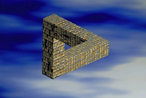 Stampe di Triangolo impossibile. Arte computazionale astratta di un triangolo fatto da tre sezioni del blocco residenziale che sarebbe impossibile costruire perché viola le leggi dell'arte prospettica Immagini datate 1997 agosto: Arte computazionale di un triangolo impossibile