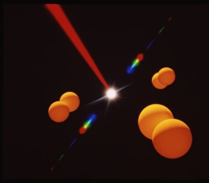 Stampe di La spaccatura del molecola laser. Artefatto computerizzato che rappresenta un esperimento scientifico nel quale un fascio laser (rosso, in alto a destra) viene utilizzato per rompere una molecola Immagini datate 1996: Artefatto di computer della luce laser che divide un molecola.