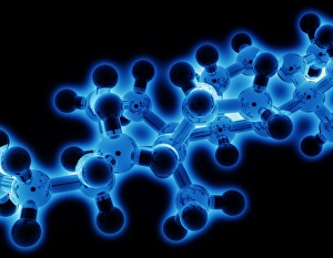 Stampe di La molecola. Arte computer di una parte della molecola che rappresenta l'arrangement degli atomi (balle) i bastoni che tengono le balle insieme rappresentano i legami chimici tra gli atomi Immagini datate 2004 gennaio: Arte computer di una parte di un molecola