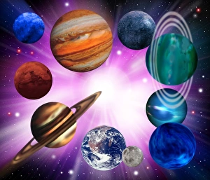 Astronomy Images Online Stampe: Computer artwork of planets on a large explosion