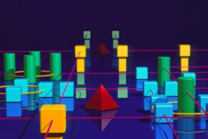 Stampe di Opere d'arte informatiche di rete con diverse forme geometriche come colonne, cubi e coni collegati tra loro da una rete Immagini datate 1997 agosto: Arte computer di una sfera, un cono e un cubo