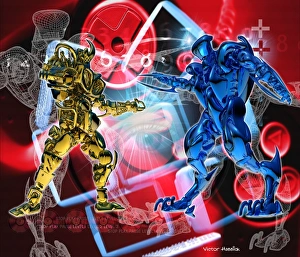 Stampe di L'arte dell'immagine del computer rappresenta un gioco di computer. Due robot dal gioco sono mostrati con diverse button rosse da una panca utilizzate per controllare il loro movimento Immagini datate 2001 luglio: Gioco di computer