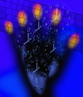 Stampe di L'uso eccessivo del computer. L'arte concettuale di un computer con una mano e una tastiera sovrapposte a orologi ed il viso di una donna stressata Immagini datate 2004 gennaio: Iso di utilizzo del computer