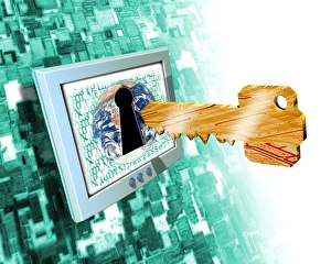 Stampe di La sicurezza Internet. L'arte concettuale del computer di una chiave per un foro all'interno della schermo del monitor che mostra una immagine del mondo Immagini datate 2004 giugno: Sicurezza informatica