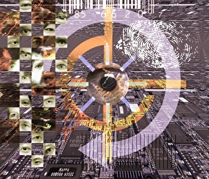 Stampe di L'osservazione informatica. Arte computazionale concettuale di occhi umani, pannelli elettronici circuiti, un codice a barre (centro superiore) e una impronta digitale (destro sopra) Immagini datate 2001: Osservazione informatica del computer