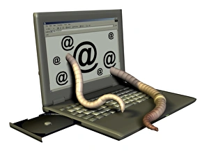 Stampe di Il verme del computer. Artefatto artistico di un gruppo di vermi che emergono da uno schermo portatile. Questo potrebbe essere utilizzato per rappresentare i programmi maliziosi chiamati 'vermi' Immagini datate 2006 agosto: Vermi del computer