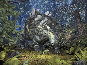 Late Cretaceous Period Stampe: Crichtonsaurus and frogs, artwork