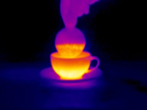Stampe di Coppa di tè. Immagine 4 su 4. Thermogramma della mano che immerge un biscotto in una coppa di tè. Le colori mostrano variazioni nella temperatura Immagini datate 2004 marzo: Tazza di tè, termografo