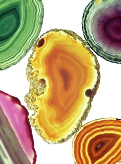 Stampe di Taglia le pietre d'agata. Assortimento di taglie e lucidati con pietra d'agata. L'agate è una varietà del quarzo (ossido di silicio). I colori sono prodotti da impurità nel minerale Immagini datate 2003: Tagliare le giade