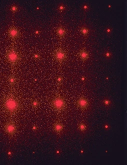 Stampe di Il modello di diffratto formato dal luce laser rosso (laser). La luce del laser ha passato attraverso un'array di graticci incrocciati Immagini datate 2005 gennaio: Disegno di diffrazione della lente a reticollo