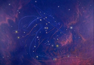 Stampe di Costellazione di Drago. L'opera d'arte rappresenta un drago che mostra l'impronta della costellazione del Drago (il Dragone) Immagini datate 2001: Costellazione di Draco
