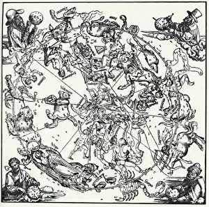 Stampe di Il Globe Celestiale di Durero, 1515. Questo mostra il emisfero nord e fu preparato in collaborazione con l'astronomo Stabius Albrecht Durer Stampe: Globetto celestiale di Dürer, 1515