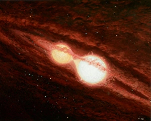Stampe di Il sistema stellare binario eclissante. L'opera d'arte di W Ursae Majoris, un sistema stellare binario eclissante situato a circa 200 anni luce di distanza dalla Terra Immagini datate 2004 novembre: Sistema binario d'ombra di stelle