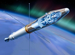 Stampe di L'esploratore 1. L'opera d'arte del computer dell'americano primo satellite artificiale orbitante, l'Esercito di esploraione nº 1 in orbite Immagini datate 2007 febbraio: Esploratore 1 nell'orbita