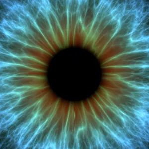 Stampe di Oggetto d'arte del computer di una prossimità della pupilla e dell'iris dell'occhio Immagini datate 2011 aprile: Iris dell'occhio