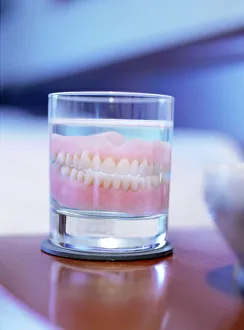 Stampe di Denti false in un bicchiere d'acqua. I denti artificiali sono individualmente cintati per una persona precisa. Sostituiscono i denti persi grazie ad un'infortunio o a malattia Immagini datate 2003: Denti falsi