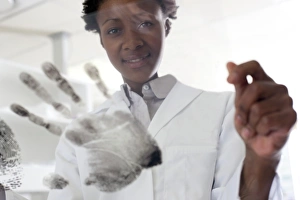 Scientist In Lab Coat Stampe: Forensic scientist