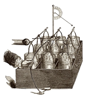 Stampe di Francesco fu il primo ad aggregare una serie di elettrodati Leyden insieme. Nel 1749 conia la parola 'batteria' per descrivere un simile riunione di cellule Immagini datate 2011 gennaio: Batteria elettrostatica di Franklin