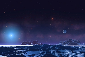 Stampe di La Terra Futura. L'opera d'arte della superficie di una futura Terra desolata che orbita intorno al Sole (blu, inferiore sinistro), diventato un bianco gnomon. La Luna è vista a destra centrale Immagini datate 2004 novembre: Terra Futura