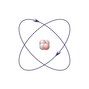 Stampe di Elio, modella atomica. L'elio ha due neutroni bianchi e due protoni rosa nel suo nucleo centrale. L'atomo presenta anche due elettroni blu che ruotano intorno al nucleo Immagini datate 2010 novembre: Modello atomico di idrogeno