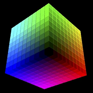 Stampe di L'arte computazionale del cubo di colore Hickeither, chiamato così per l'autore Alfred Hickeither che pubblicò questo sistema dei colori nel 1952. I 1000 colori sono ordinati su un solo cube Immagini datate 2010 marzo: Cubo di colore Hickeither, arte informatica del computer