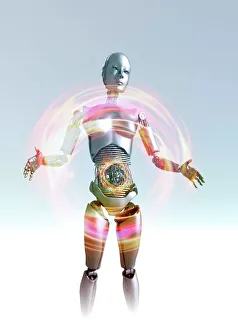 Stampe di L'robot umanoide, arte informatica; l'arte informatica di un robot umanoidi che assomiglia ad una donna adulta Immagini datate 2009: Robot umanoide, opera d'arte