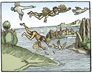 Stampe di Icaro e Daedalo. Incision in legno di Albrecht Dürer (1471-1528), mostrando la caduta di Icaro (centro), osservato dal padre Daedalo ( centro superiore) Immagini datate 2006 giugno: Icare e Daidalos