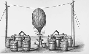Stampe di L'inflazione del palloncino da ballo storico dell'infiammazione di un palloncino gasoso. Il palloncino è sospeso da una corda tesa tra due palchi Immagini datate 2003 luglio: Balloon inflato