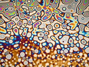 Stampe di Eseguimento di interferenza. Immagine microscopica dell'eseguimento di interferenze su un foglio di sapone. I diversi colori sono dovuti all'interferenza delle onde rifte del luce Immagini datate 2010 aprile: Pattone di interferenza