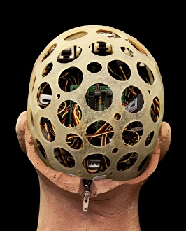 Stampe di Giuseppe, testa robotica. La fotografia della schiena di Giuseppe, una testa umanoidale robotica espressiva con la pelle in latex staccata per rivelare il casco cranico e l'hardware interno Immagini del 30 agosto 2012: Giuseppe, testa di robot