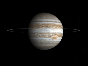 Stampe di Giove. L'opera d'arte informatica su come potrebbe apparire Giove da una posizione nello spazio giusto sotto il piano della sua grande anelliera principale Immagini del 24 maggio 2010: Giorno di Giove, opera d'arte