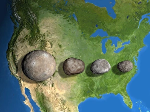 Stampe di Quattro asteroidi più grandi, artefatto di scala computerica. Gli asteroidi sono visti contro l'America del Nord per la scala Immagini datate 2008 novembre: Quattro asteroidi più grandi, scala arte