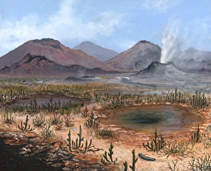 Stampe di Paesaggio del Devone tardo. Opere d'arte di piante palustri e fumarole durante il periodo Devoniano tardivo (385-360 milioni di anni fa) Immagini datate 2009 settembre: Paesaggio del Devono Tardogesso, opera d'arte