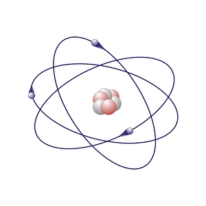 Stampe di Il litio ha un numero di neutroni tre e due protoni rosa nel suo nucleo centrale, l'atomo presenta anche tre elettroni blu che ruotano intorno al centro Immagini datate 2010 novembre: Modello atomico del litio