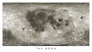 Stampe di Carta lunare. Carta che mostra la parte vicina e l'altra faccia della Luna, basata sui dati raccolti da progetti spaziali statunitensi non guidati che hanno orbitato la Luna nel primo secolo del XXI Immagini datate 2012 gennaio: Mappa lunare