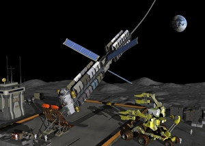 Space Exploration Artwork Stampe: Lunar space elevator moon base, artwork
