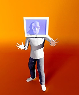 Stampe di Uomo con schermo del computer testa, arte grafica del computer Immagini datate 2005 luglio: Uomo con schermo di computer sulla testa, opera d'arte